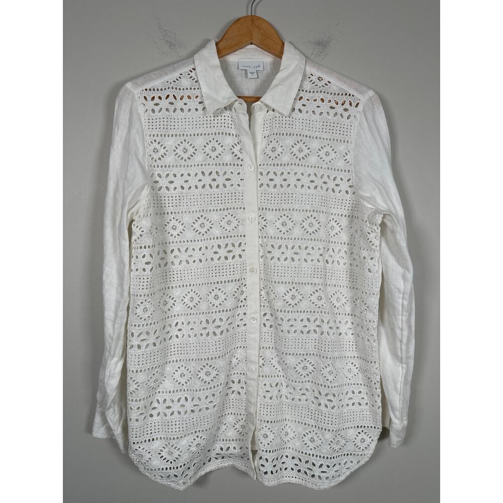 J Jill Love Linen White Button Down Shirt Embroidered Eyelet Linen Womens Size S